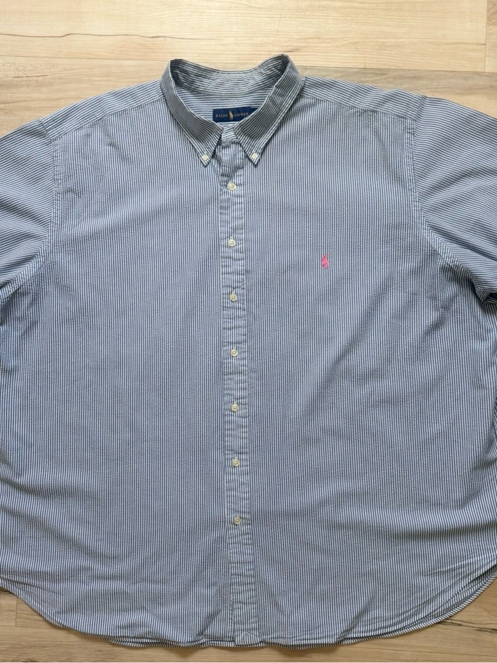 Ralph Lauren Blue Fine-Stripe Button-Down Shirt with Pink Pony